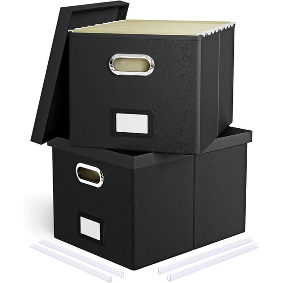 2 Pack File Storage Organizer Box, Portable Filing With Lid, Fit for Letter/Legal Folder Storage, Black (Leather)