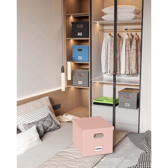 2 Pack File Storage Organizer, Portable File Box with Lid, Fit for Letter/Legal File Folder Storage, Cream-pink (Leather) Box