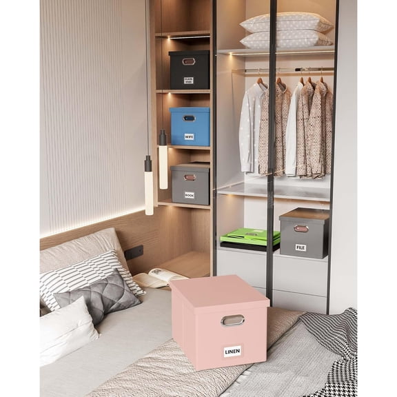 2 Pack File Storage Organizer, Portable File Box with Lid, Fit for Letter/Legal File Folder Storage, Cream-pink (Leather) Box