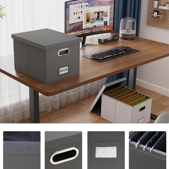 2 Pack File Storage Organizer, Portable File Box with Lid, Fit for Letter/Legal File Folder Storage, Gray(Leather)