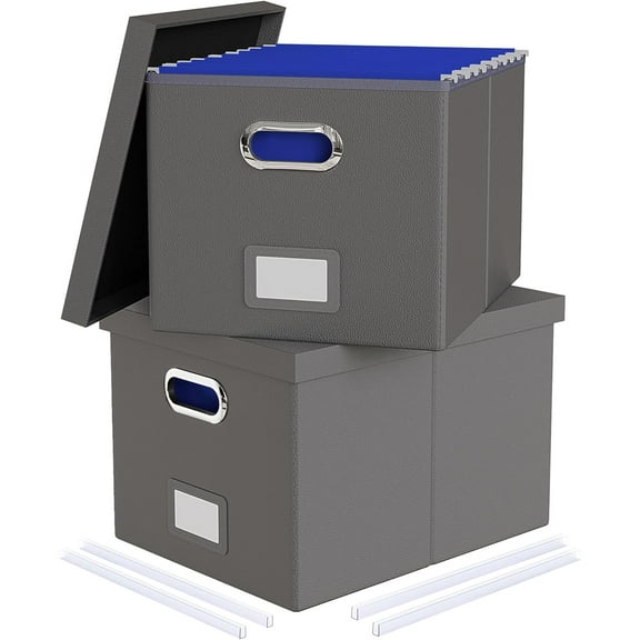 2 Pack File Storage Organizer, Portable File Box with Lid, Fit for Letter/Legal File Folder Storage, Gray(Leather)
