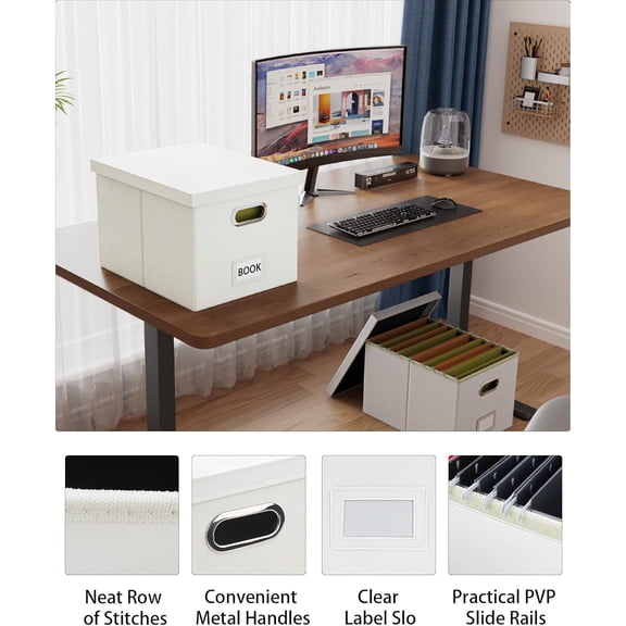 2 Pack File Storage Organizer, Portable File Box with Lid, Fit for Letter/Legal File Folder Storage, White (Leather) - Box only