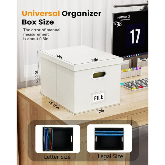 2 Pack File Storage Organizer, Portable White Leather File Box with Lid, Fit for Letter/Legal Folders