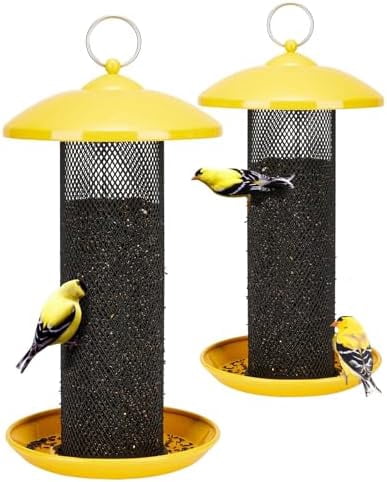 2 Pack Finch Feeders for Outdoors Hanging, Metal Mesh Tube Bird Feeder for Nyjer/Thistle Seed, 2.5 lbs Large Capacity (Yellow)