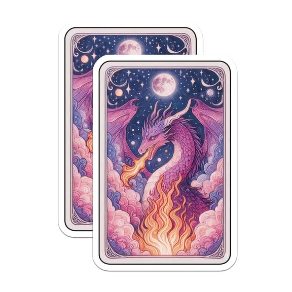 (2 Pack) Fire Breathing Purple Dragon Stickers - Mystical Lunar Night Sky Fantasy Art - Celestial Creature Decal - 5" On Longest Side - Sticks to Smooth Flat Surfaces - Made in USA - BMCS20974