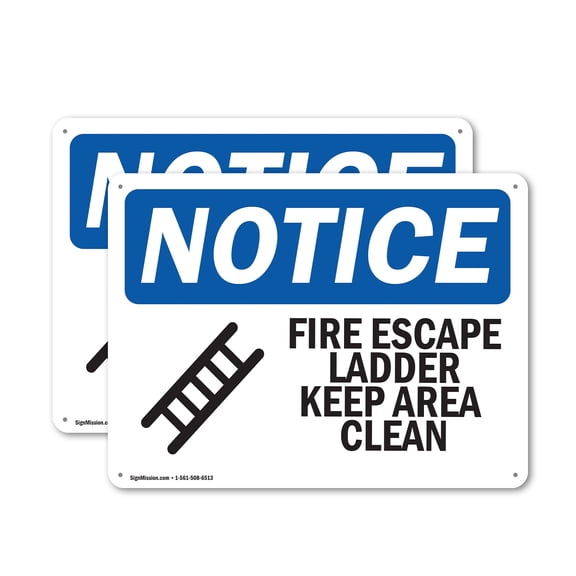 (2 Pack) Fire Escape Ladder Keep Area Clear OSHA Notice Sign 24 Inch X 18 Inch Plastic Sign, Weather Resistant, UV Protected for Workplace, Business, and Construction Site, Made in the