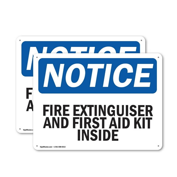 (2 Pack) Fire Extinguisher And First Aid Kit Inside OSHA Notice Sign 10 Inch X 7 Inch Plastic Sign, Weather Resistant, UV Protected for Workplace, Business, and Construction Site, Made