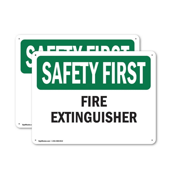(2 Pack) Fire Extinguisher OSHA Safety First Sign 18 Inch X 12 Inch Plastic Sign, Weather Resistant, UV Protected for Workplace, Business, and Construction Site, Made in the USA