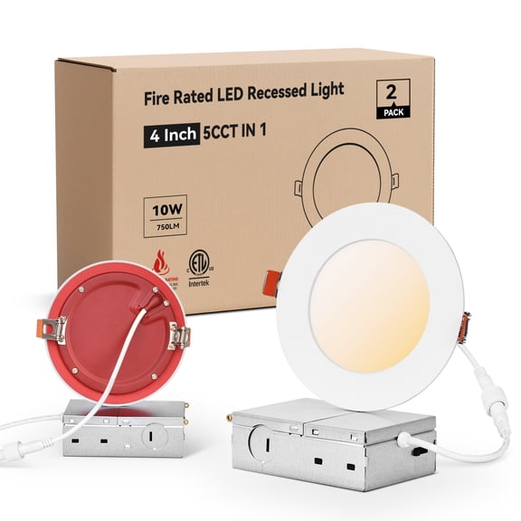 2 Pack Fire Rated Recessed Light 2 Hours, 4 Inch Canless Downlight with Junction Box, 10W, 5CCT Selectable & Dimmable, ETL, IC & Wet Rated