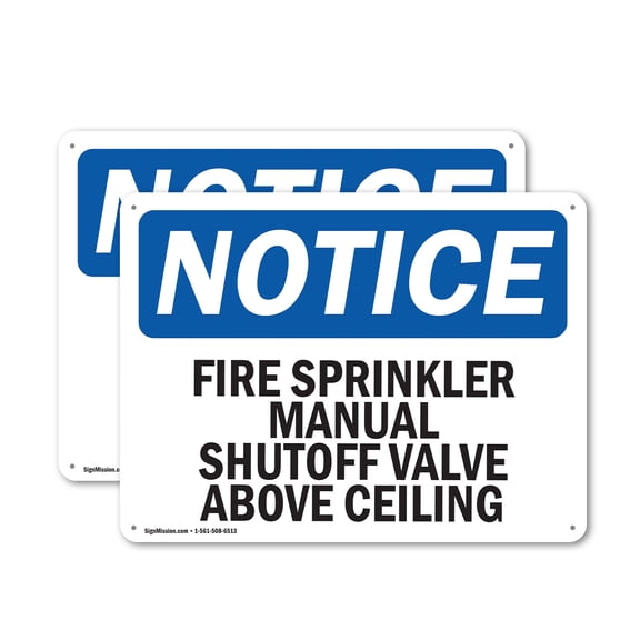 (2 Pack) Fire Sprinkler Manual Shutoff Valve Above Ceiling OSHA Notice Sign