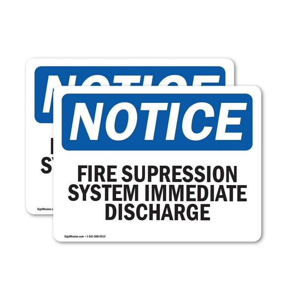 (2 Pack) Fire Suppression System Immediate Discharge OSHA Notice Sign 7 Inch X 5 Inch Vinyl Label Decal Sticker Weather Resistant, UV Protected for Workplace, Business, and Construction