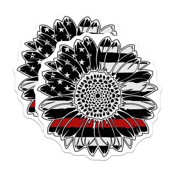 (2 Pack) Firefighter Sunflower Stickers - American Flag - Thin Red Line Decals - 5" On Longest Side - Sticks to Smooth Flat Surfaces - Made in USA - BMCS17402