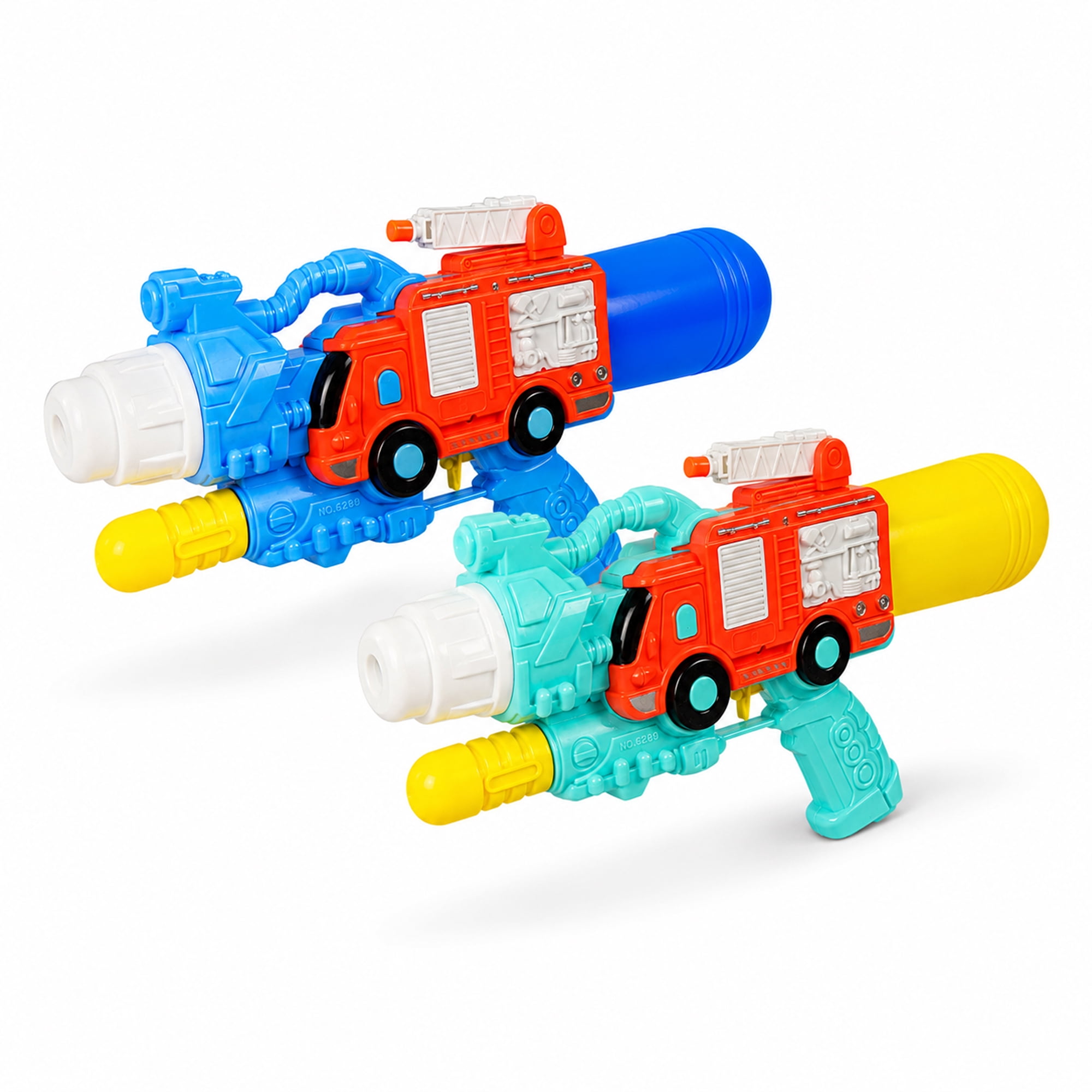 2-Pack Firetruck Water Blaster Outdoor Toys, 15 Inch Pump Action Water Spray Toy Set with Refillable Bottles, Tube Connection and Movable Ladder for Kids Summer Play