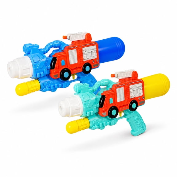 2-Pack Firetruck Water Blaster Outdoor Toys, 15 Inch Pump Action Water Spray Toy Set with Refillable Bottles, Tube Connection and Movable Ladder for Kids Summer Play