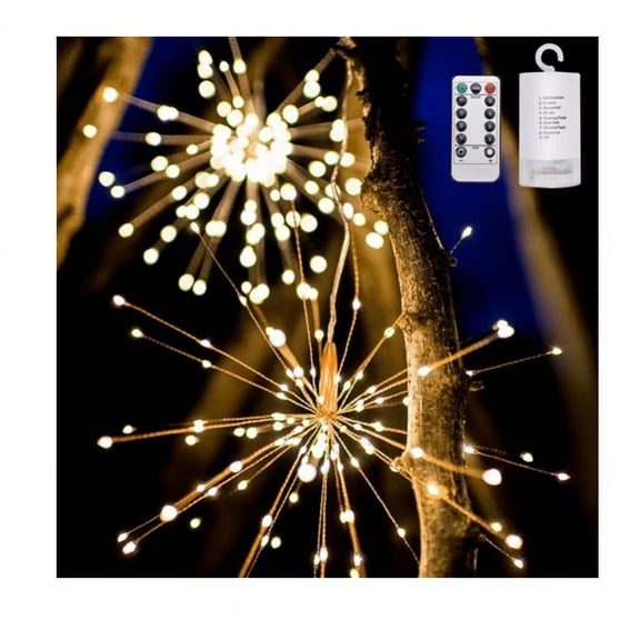 2 Pack Firework Lights 200 LED Starburst Lights Battery Operated, 8 Modes Garden Hanging Lights with Remote, Waterproof Copper Wire String Lights for Indoor Outdoor Decorations,Christmas Lights