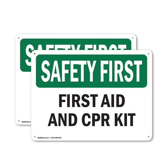 (2 Pack) First Aid And CPR Kit OSHA Safety First Sign 14 Inch X 10 Inch Indoor / Outdoor Rust-Free Aluminum Metal Signs for Workplace, Workshop, and Construction Site, Made in the USA