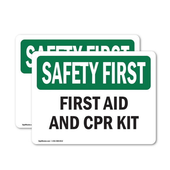 (2 Pack) First Aid And CPR Kit OSHA Safety First Sign 5 Inch X 3.5 Inch Vinyl Label Decal Sticker Weather Resistant, UV Protected for Workplace, Business, and Construction Site, Made in