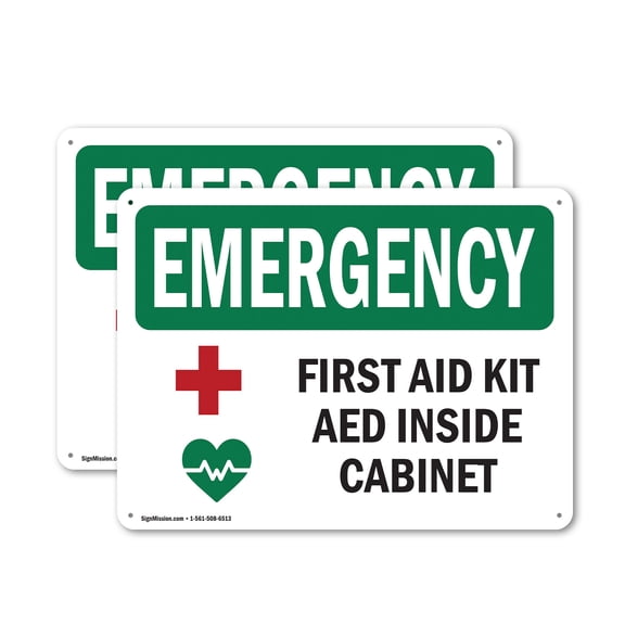 (2 Pack) First Aid Kit AED Inside Cabinet With Symbol OSHA Emergency Sign 24 Inch X 18 Inch Indoor / Outdoor Rust-Free Aluminum Metal Signs for Workplace, Workshop, and Construction Site