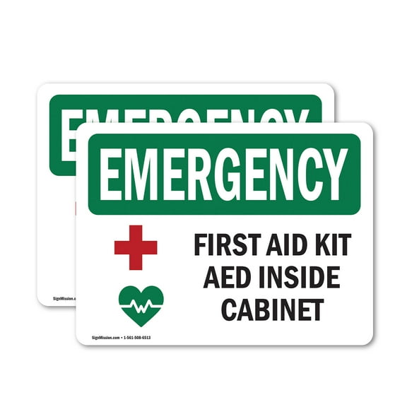 (2 Pack) First Aid Kit AED Inside Cabinet With Symbol OSHA Emergency Sign