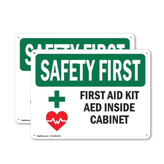 (2 Pack) First Aid Kit AED Inside Cabinet With Symbol OSHA Safety First Sign