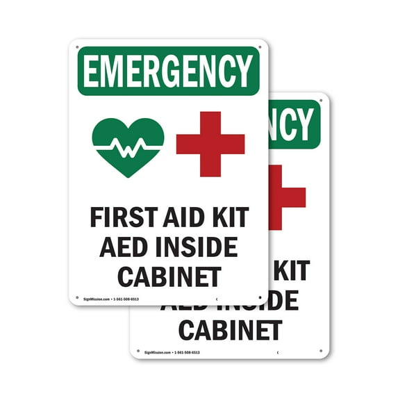(2 Pack) First Aid Kit AED With Symbol OSHA Emergency Sign 10 Inch X 14 Inch Indoor / Outdoor Rust-Free Aluminum Metal Signs for Workplace, Workshop, and Construction Site, Made in the