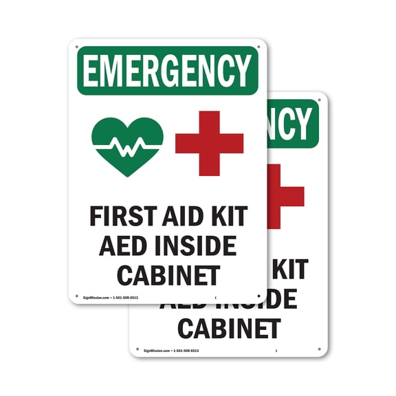 (2 Pack) First Aid Kit AED With Symbol OSHA Emergency Sign 18 Inch X 24 Inch Plastic Sign, Weather Resistant, UV Protected for Workplace, Business, and Construction Site, Made in the