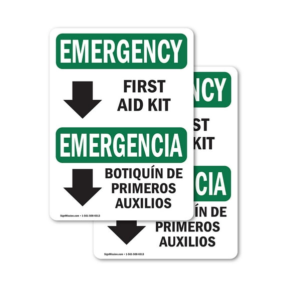 (2 Pack) First Aid Kit Bilingual OSHA Emergency Sign 18 Inch X 24 Inch Vinyl Label Decal Sticker Weather Resistant, UV Protected for Workplace, Business, and Construction Site, Made in