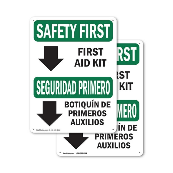 (2 Pack) First Aid Kit Bilingual OSHA Safety First Sign 7 Inch X 10 Inch Plastic Sign, Weather Resistant, UV Protected for Workplace, Business, and Construction Site, Made in the USA