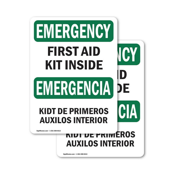 (2 Pack) First Aid Kit Inside Bilingual OSHA Emergency Sign 5 Inch X 3.5 Inch Vinyl Label Decal Sticker Weather Resistant, UV Protected for Workplace, Business, and Construction Site,