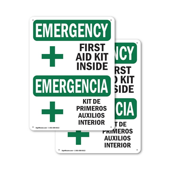 (2 Pack) First Aid Kit Inside Bilingual OSHA Emergency Sign 7 Inch X 10 Inch Plastic Sign, Weather Resistant, UV Protected for Workplace, Business, and Construction Site, Made in the