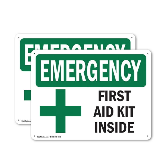 (2 Pack) First Aid Kit Inside OSHA Emergency Sign 18 Inch X 12 Inch Plastic Sign, Weather Resistant, UV Protected for Workplace, Business, and Construction Site, Made in the USA