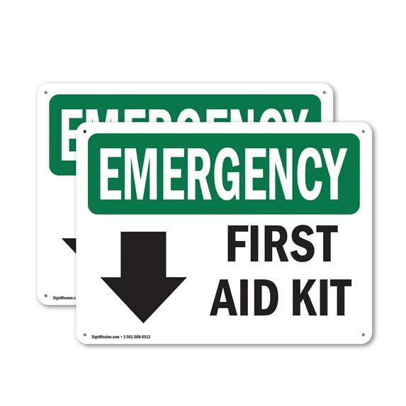 (2 Pack) First Aid Kit OSHA Emergency Sign 10 Inch X 7 Inch Indoor / Outdoor Rust-Free Aluminum Metal Signs for Workplace, Workshop, and Construction Site, Made in the USA