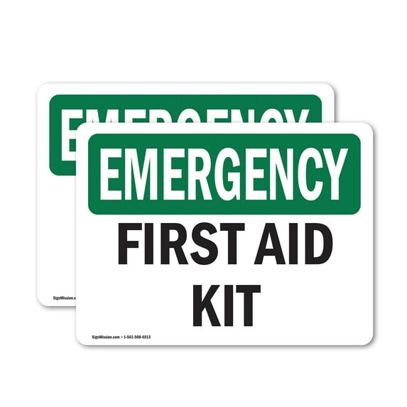 (2 Pack) First Aid Kit OSHA Emergency Sign 10 Inch X 7 Inch Vinyl Label Decal Sticker Weather Resistant, UV Protected for Workplace, Business, and Construction Site, Made in the USA