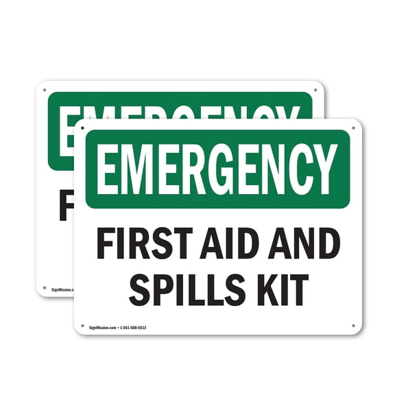 (2 Pack) First Aid And Spills Kit OSHA Emergency Sign 10 Inch X 7 Inch Plastic Sign, Weather Resistant, UV Protected for Workplace, Business, and Construction Site, Made in the USA