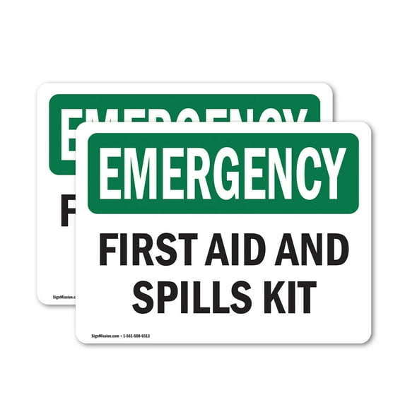 (2 Pack) First Aid And Spills Kit OSHA Emergency Sign 7 Inch X 5 Inch Vinyl Label Decal Sticker Weather Resistant, UV Protected for Workplace, Business, and Construction Site, Made in