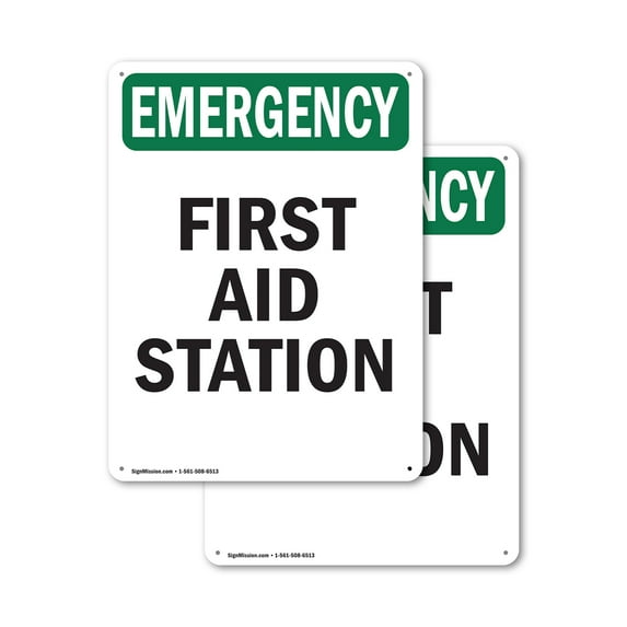 (2 Pack) First Aid Station OSHA Emergency Sign 10 Inch X 14 Inch Plastic Sign, Weather Resistant, UV Protected for Workplace, Business, and Construction Site, Made in the USA