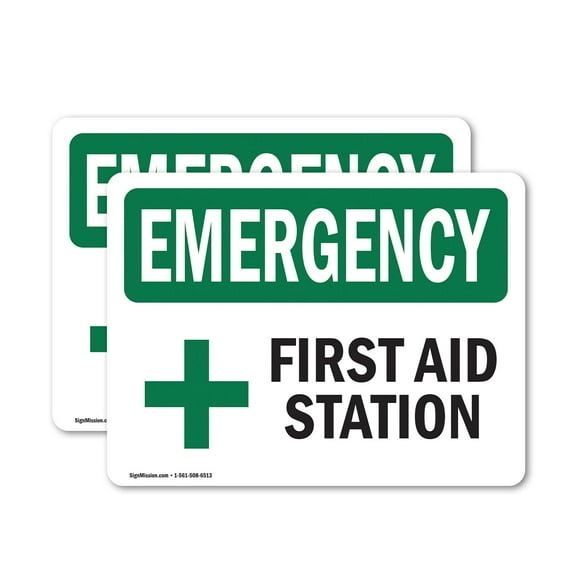 (2 Pack) First Aid Station OSHA Emergency Sign 5 Inch X 3.5 Inch Vinyl Label Decal Sticker Weather Resistant, UV Protected for Workplace, Business, and Construction Site, Made in the