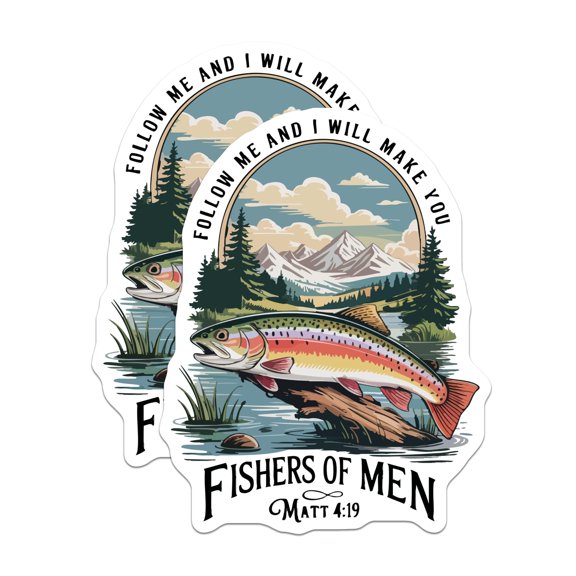 (2 Pack) Fishers of Men Stickers - Matthew 4:19 Bible Verse - Rainbow Trout Fishing Design - 5" On Longest Side - Sticks to Smooth Flat Surfaces - Made in USA - BMCS20951