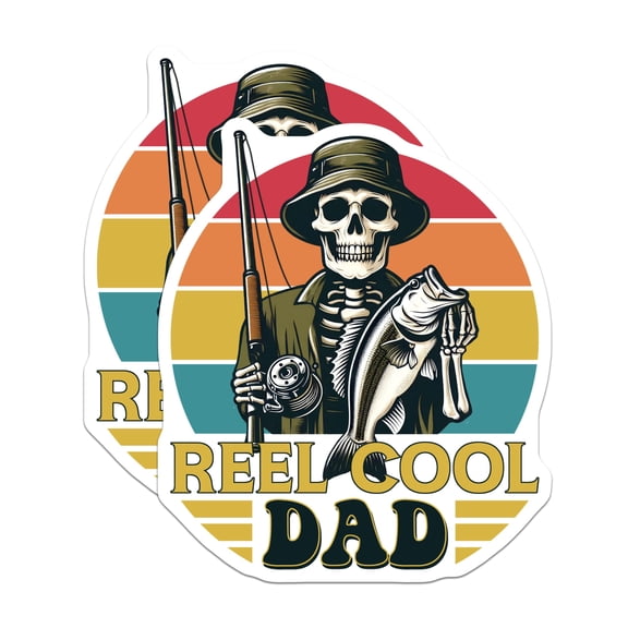 (2 Pack) Fishing Dad Magnets - Reel Cool Dad - Skeleton Fisherman Magnet for Dad - 5" On Longest Side - Premium Magnet - for Cars, Refrigerators, Toolboxes, Lockers - Made in USA - MAG18993