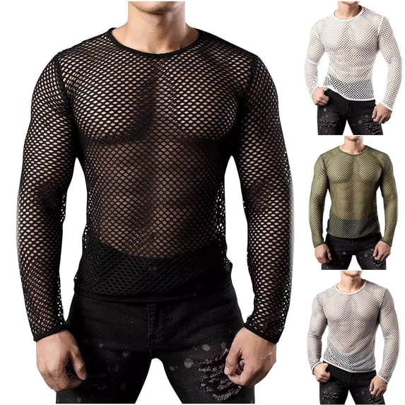 2 Pack Fishnet T Shirts for Men Trendy Hollow-Out Long Sleeve Tees Tops Mens Slim-Fit Pullover Crewneck Solid Color Nightclub Party Tshirts Shirt