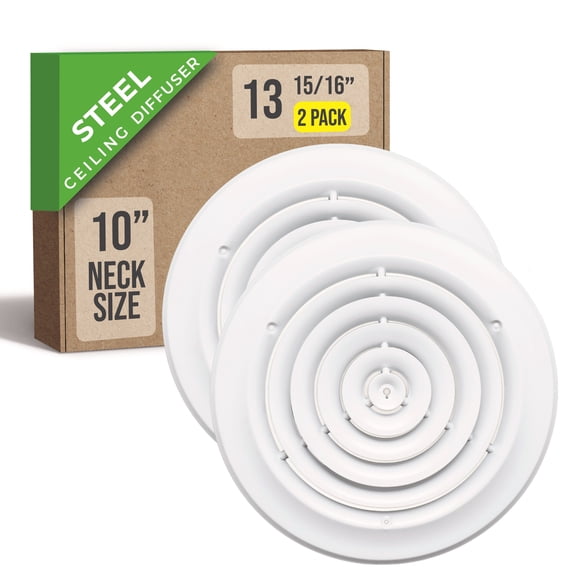 [2 Pack] Fits 10 Inch Neck Air Duct | Steel Round Air Supply Diffuser for Ceiling by Handua | Round Diffuser Vent Cover | White | Outer Dimension: 13-15/16"