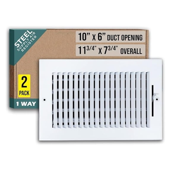 [2 Pack] Fits 10x6 Duct Opening 1 Way Steel Air Supply Diffuser by | Register Vent Cover Grill for Sidewall and Ceiling | White | Outer Dimensions: 11.75" X 7.75"