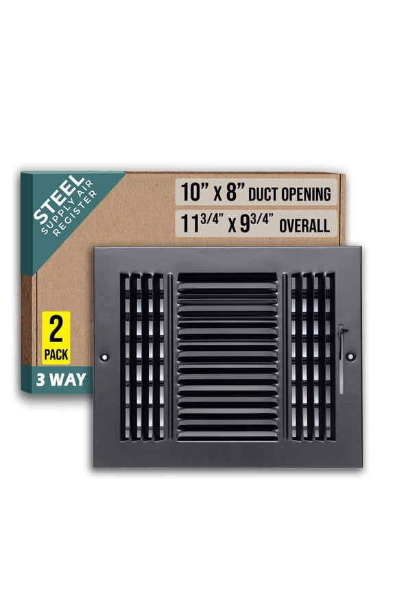 [2 Pack] Fits 10x8 Duct Opening 3 WAY Steel Air Supply Diffuser by Handua | Register Vent Cover Grill for Sidewall and Ceiling | Black | Outer Dimensions: 11.75" X 9.75"