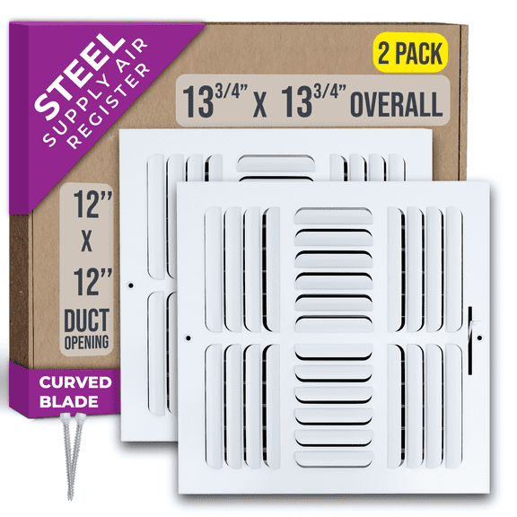 [2 Pack] Fits 12x12 Duct Opening 4 WAY Fixed Curved Blade Air Supply Diffuser by Handua | Register Vent Cover Grill for Sidewall and Ceiling | White | Outer Dimensions: 13.75" X 13.75"