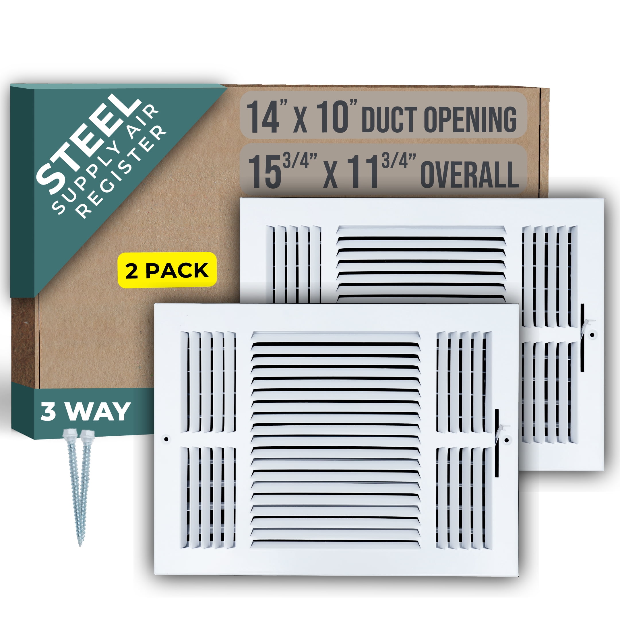[2 Pack] Fits 14x10 Duct Opening 3 WAY Steel Air Supply Diffuser by ...