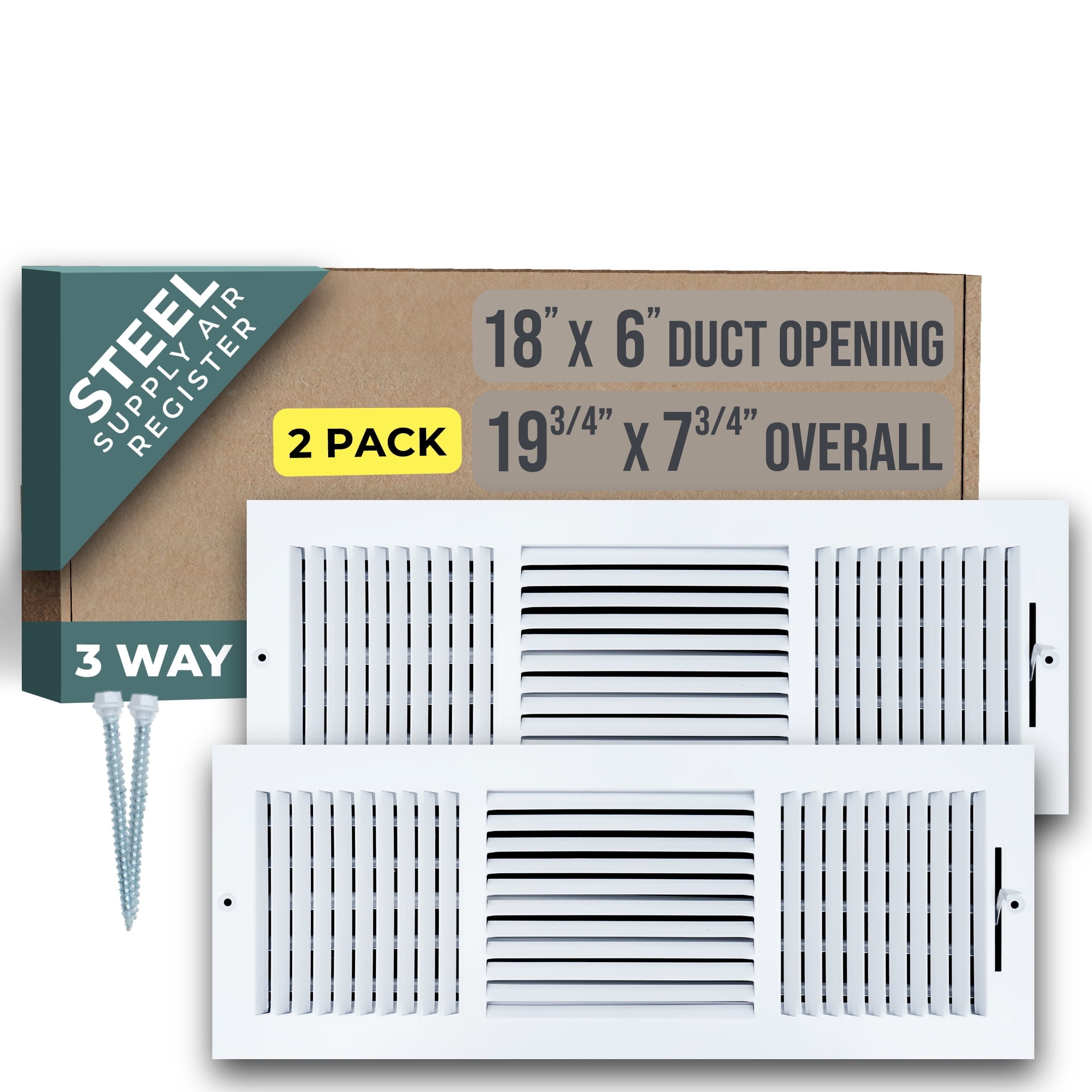 [2 Pack] Fits 18x6 Duct Opening 3 WAY Steel Air Supply Diffuser by Handua | Register Vent Cover Grill for Sidewall and Ceiling | White | Outer Dimensions: 19.75" X 7.75"