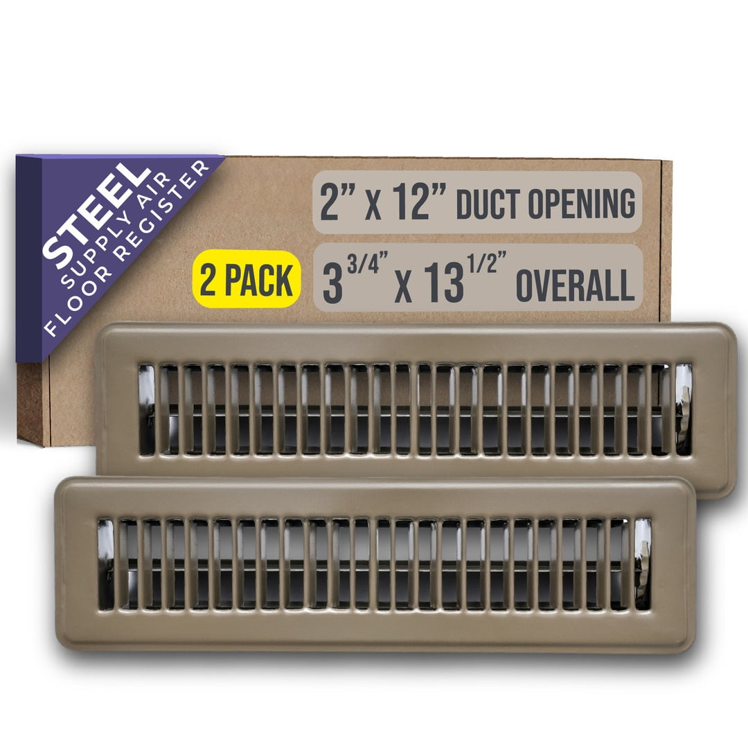 [2 Pack] Fits 2x12 Duct Opening Floor Register with Louvered Design by Handua | Heavy Duty Walkable Design with Damper | Floor Vent Grille | Easy to Adjust Air Supply Lever | Brown