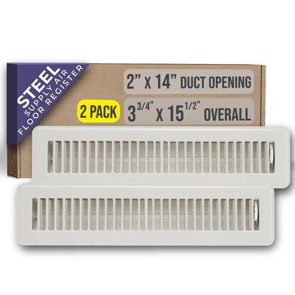 [2 Pack] Fits 2x14 and 14x2 Duct Opening | Floor Register with Louvered Design by Handua | Heavy Duty Walkable Design with Damper | Floor Vent Grille | Easy to Adjust Air Supply Lever | Off White