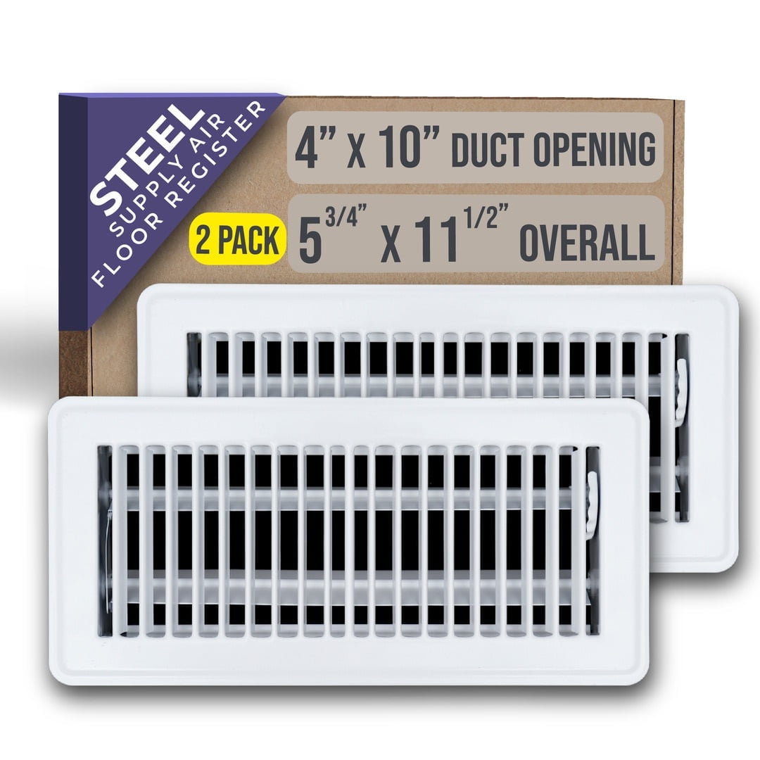 [2 Pack] Fits 4x10 Duct Opening Floor Register with Louvered Design by Handua | Heavy Duty Walkable Design with Damper | Floor Vent Grille | Easy to Adjust Air Supply Lever | White