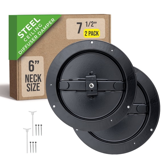 [2 Pack] Fits 6 Inch Neck Air Duct | Steel Butterfly Damper by Handua | For Round Ceiling Air Supply Diffuser with Plastic Key-Handle | Black | Outer Dimension: 7-1/2"